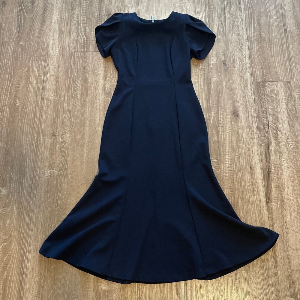 Calvin Klein Womens Dress 2P Navy Blue Crepe Mermaid Tulip Sleeve Midi Sheath